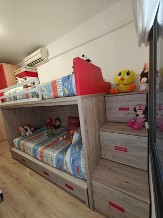 Cama litera infantil madera, roja y beige