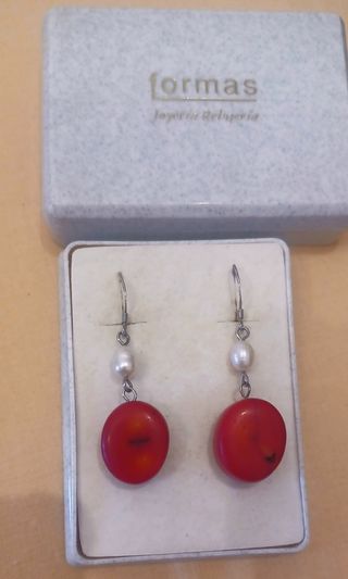 Pendientes Plata 925 Coral Rojo y perlas cultivada