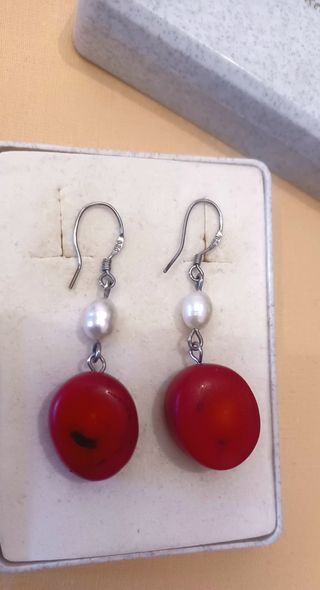 Pendientes Plata 925 Coral Rojo y perlas cultivada