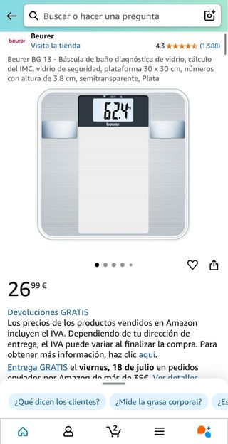 Báscula Baño Beurer BG13 - Diagnóstica - de vidrio
