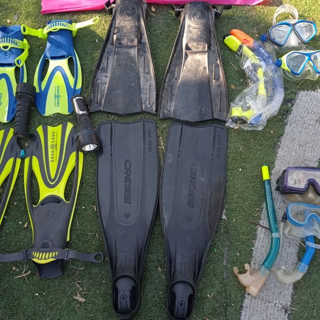 Equipo buceo: gafas, aletas, cinturón