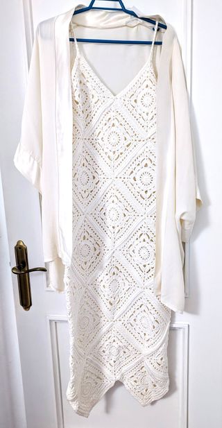 Vestido crochet blanco + kimono talla S