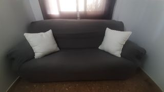 GANGA:Sofa amarillo piel c/funda gris.Patas madera