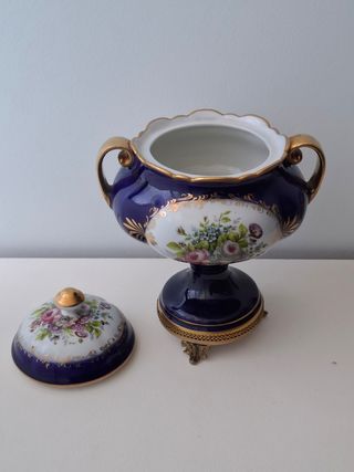 Jarrón porcelana Limoges azul dorado