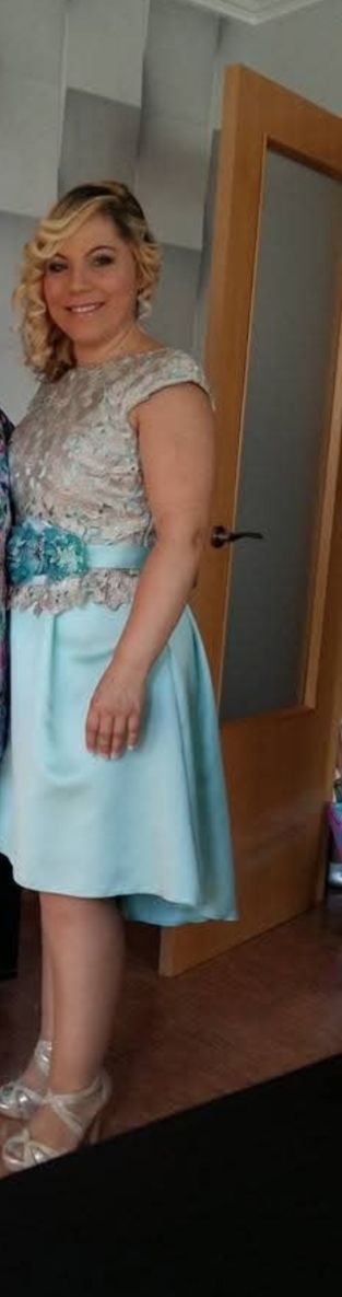 Vestido ceremonia beige y azul - Talla M