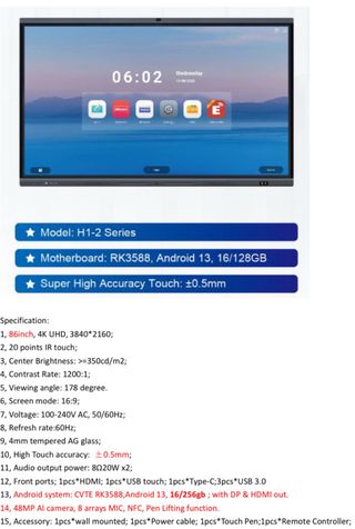 Pantalla interactiva 86" con webcam y Android 13