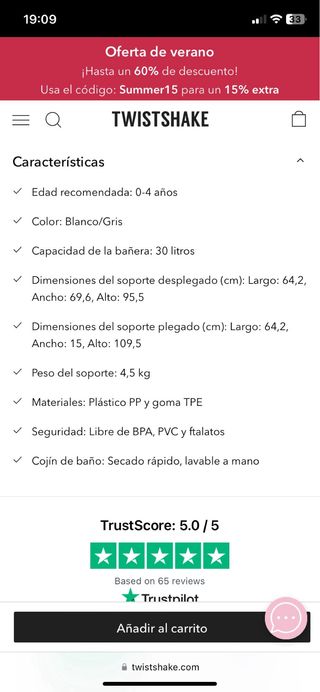 Bañera Twistshake recién nacido con patas