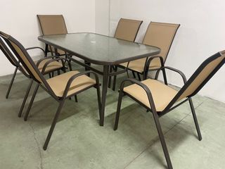 Mesa terraza + 6 sillas metal, beige