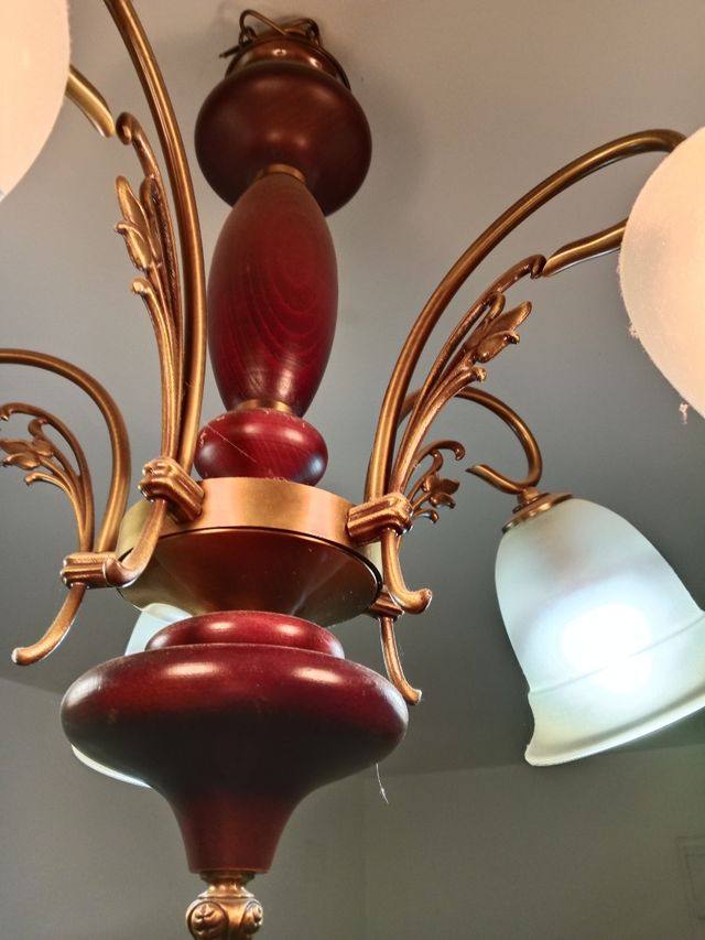 Lámpara techo 5 luces madera dorada