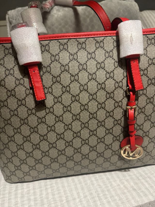 Bolso Tote gris y rojo