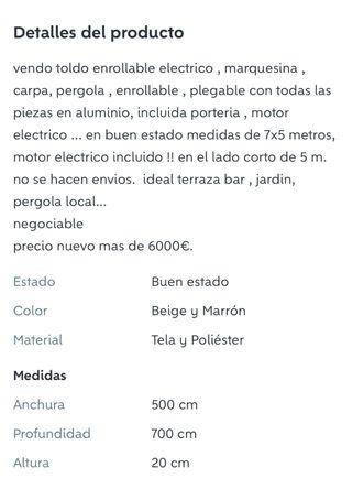 Toldo Enrollable Eléctrico 7x5m de aluminio