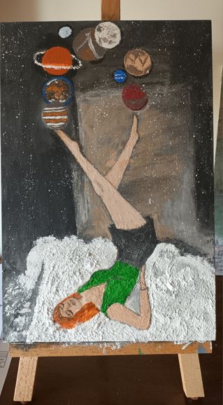 Quadro astratto: donna e pianeti