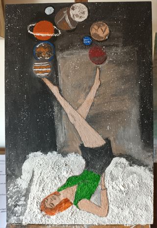 Quadro astratto: donna e pianeti