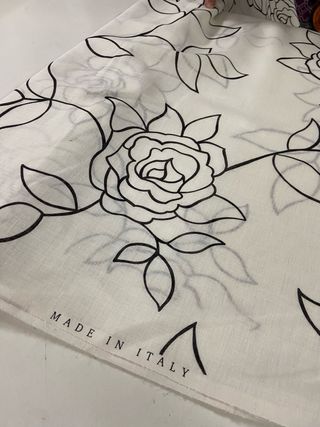 Tessuto Lino Fiori - Bianco/Nero
