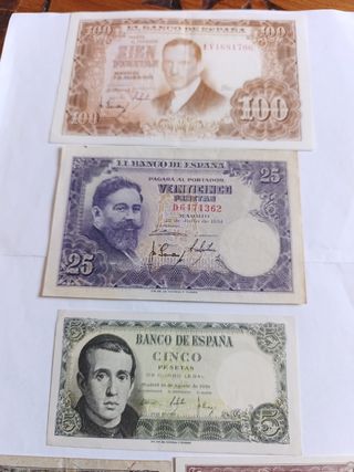 Billetes antiguos España (100, 25, 5, 1 peseta)