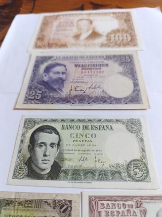 Billetes antiguos España (100, 25, 5, 1 peseta)