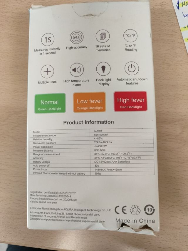 Termómetro infrarrojo AD801