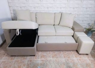 Sofá cama chaise longue beige + PUFF GRATIS 