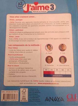 J’aime Méthodede français A2; 3 ESO; Anaya