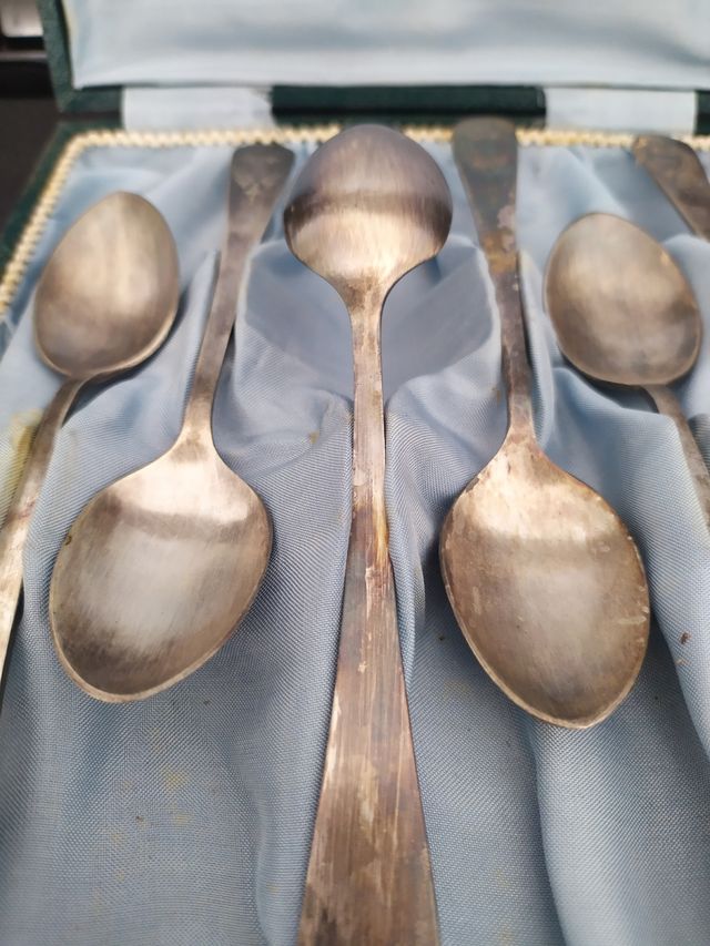 Lote 2 de 6 Cucharas Plata/Latón Antiguas