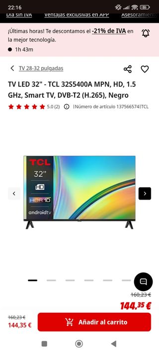 TV TCL 32" Smart TV FullHD - Negro