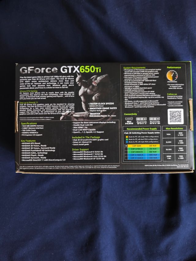 Tarjeta gráfica Club 3D GeForce GTX650Ti 1GB