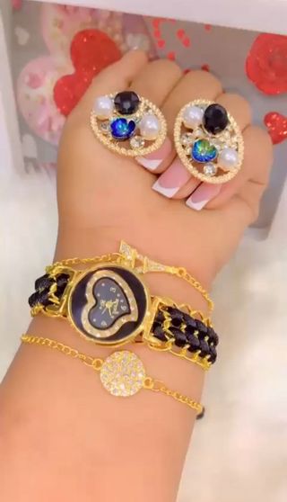 Juego de reloj y joyas azul y dorado