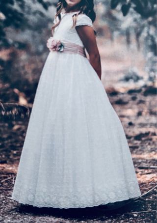 Vestido comunión niña Amaya blanco-rosa