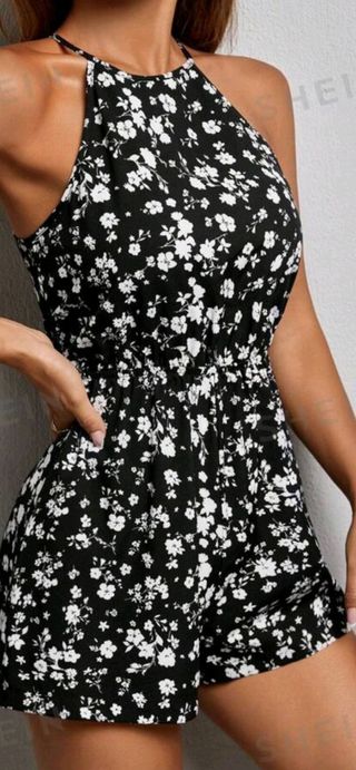 Mono corto floral negro-blanco talla XS