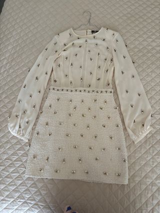 Vestito perle beige