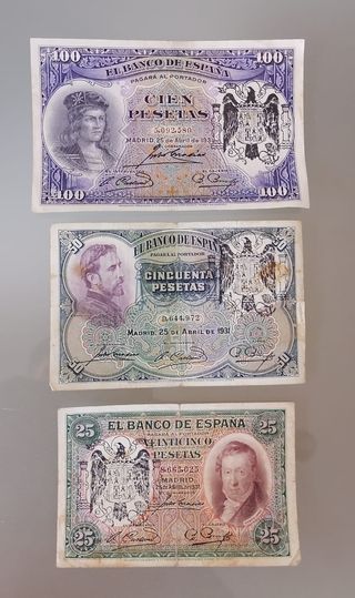 Billetes España 1931: 100, 50, 25 pesetas