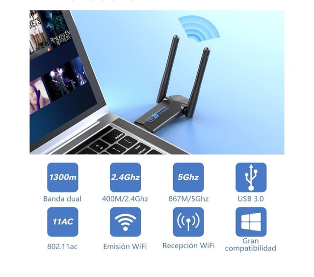 Adaptador Wifi USB Dual Band ElecMoga 1300Mbps