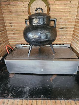 Plancha industrial + olla hierro fundido