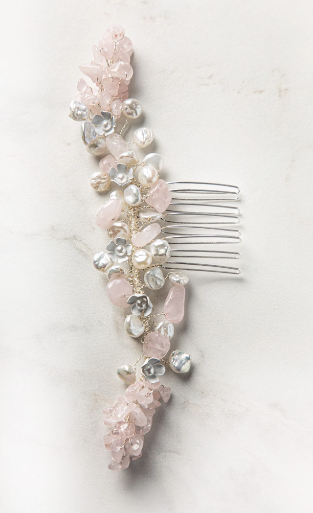 Peineta novia con perlas y cuarzo rosa