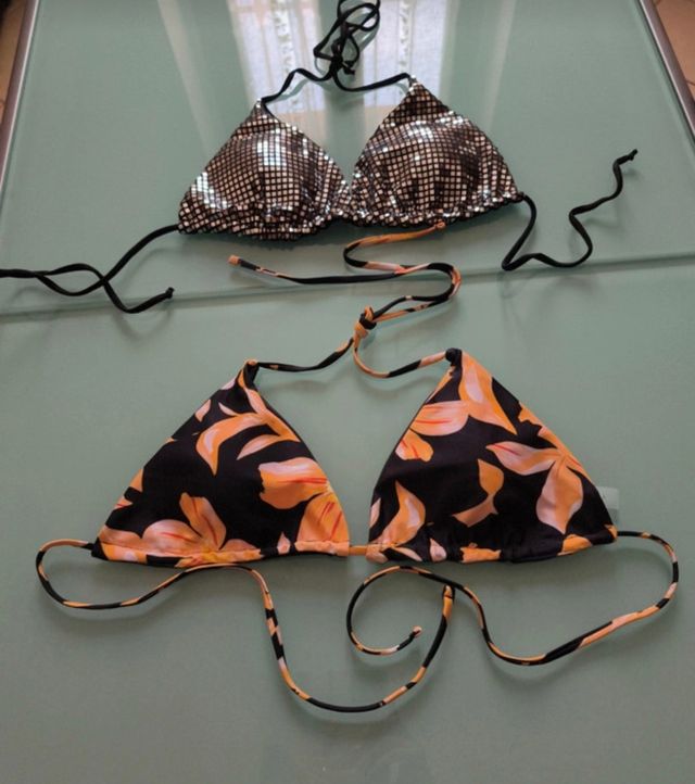 Bikini 2 pezzi: top argento e floreale