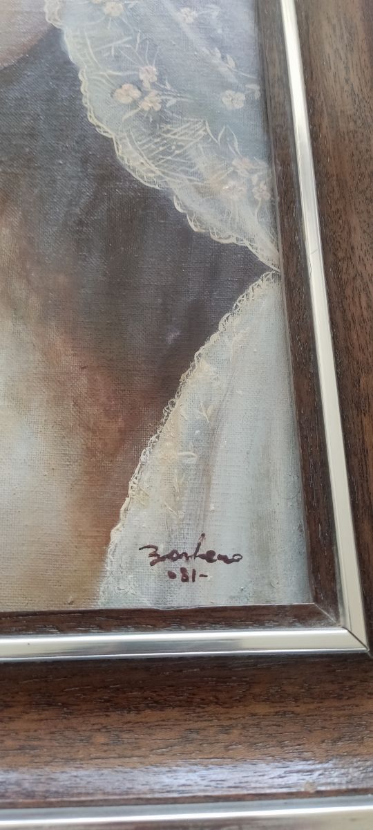 Retrato al óleo: Mujer tras cortina