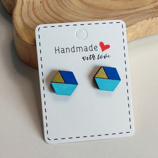Pendientes madera geométricos azul-dorado