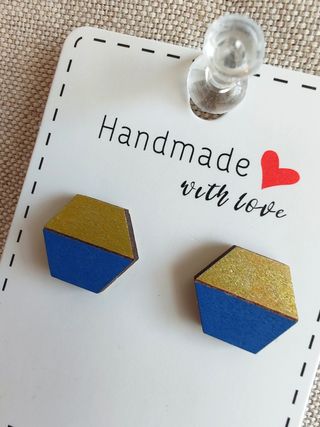 Pendientes madera geométricos azul-oro