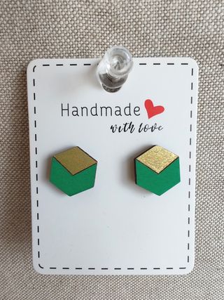 Pendientes madera geométricos dorados y verdes