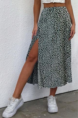 Falda midi negra flores - Talla única