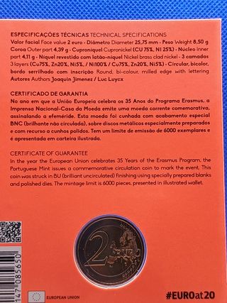 2€ moneta commemorativa Erasmus 2022 Portogallo