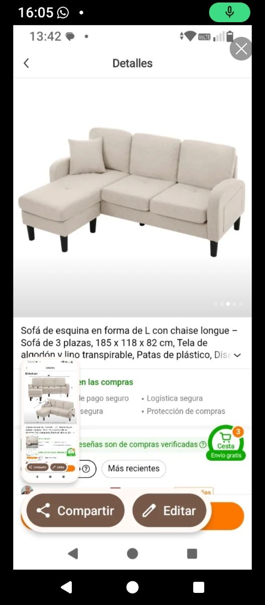 Sofá chaise longue beige 3 plazas