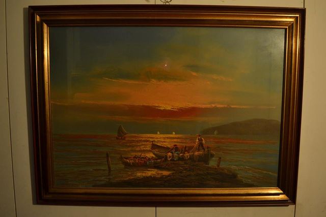 Olio su tela, Dipinto Pesca Tramonto - anni '70