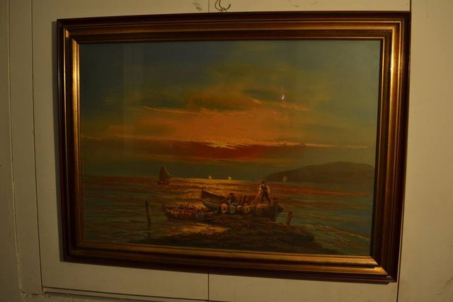 Olio su tela, Dipinto Pesca Tramonto - anni '70