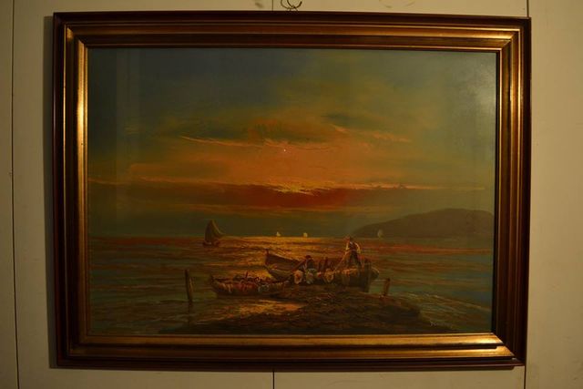 Olio su tela, Dipinto Pesca Tramonto - anni '70