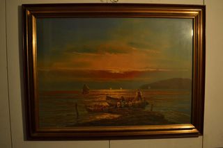 Olio su tela, Dipinto Pesca Tramonto - anni '70