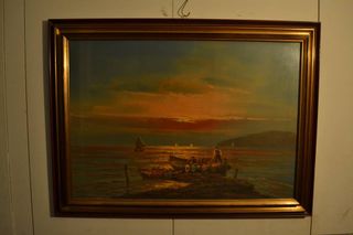 Olio su tela, Dipinto Pesca Tramonto - anni '70