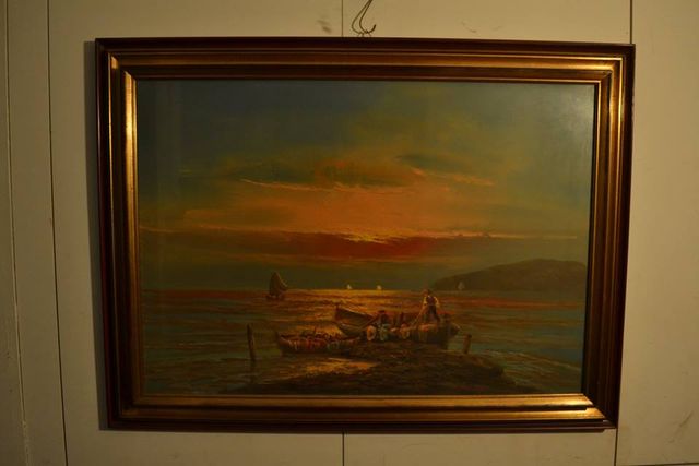 Olio su tela, Dipinto Pesca Tramonto - anni '70