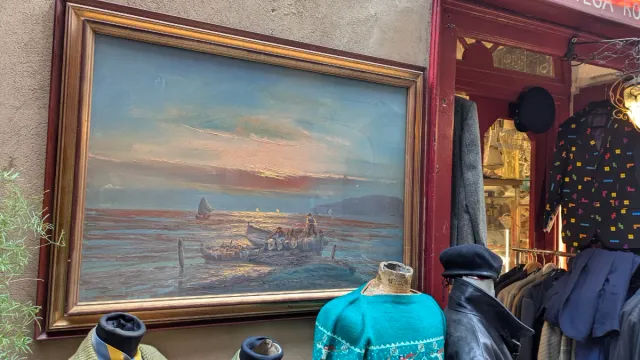 Olio su tela, Dipinto Pesca Tramonto - anni '70