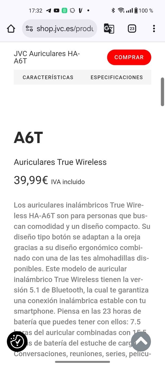 Auriculares inalámbricos JVC blancos.